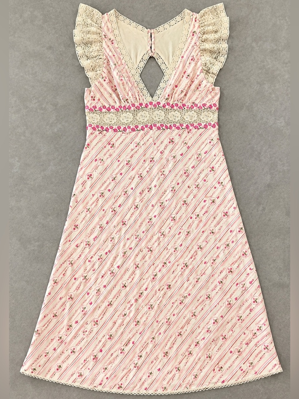 Free People NWT Floral Lace Midi Dress Pink Ivory Open Back Cottagecore L $198